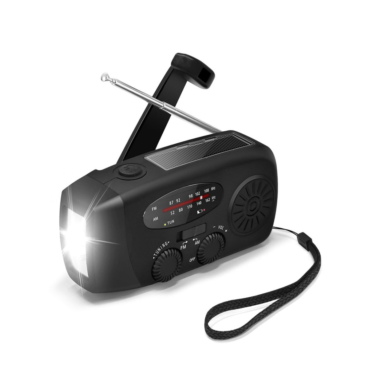 Nødradio med håndsving, solceller og powerbank