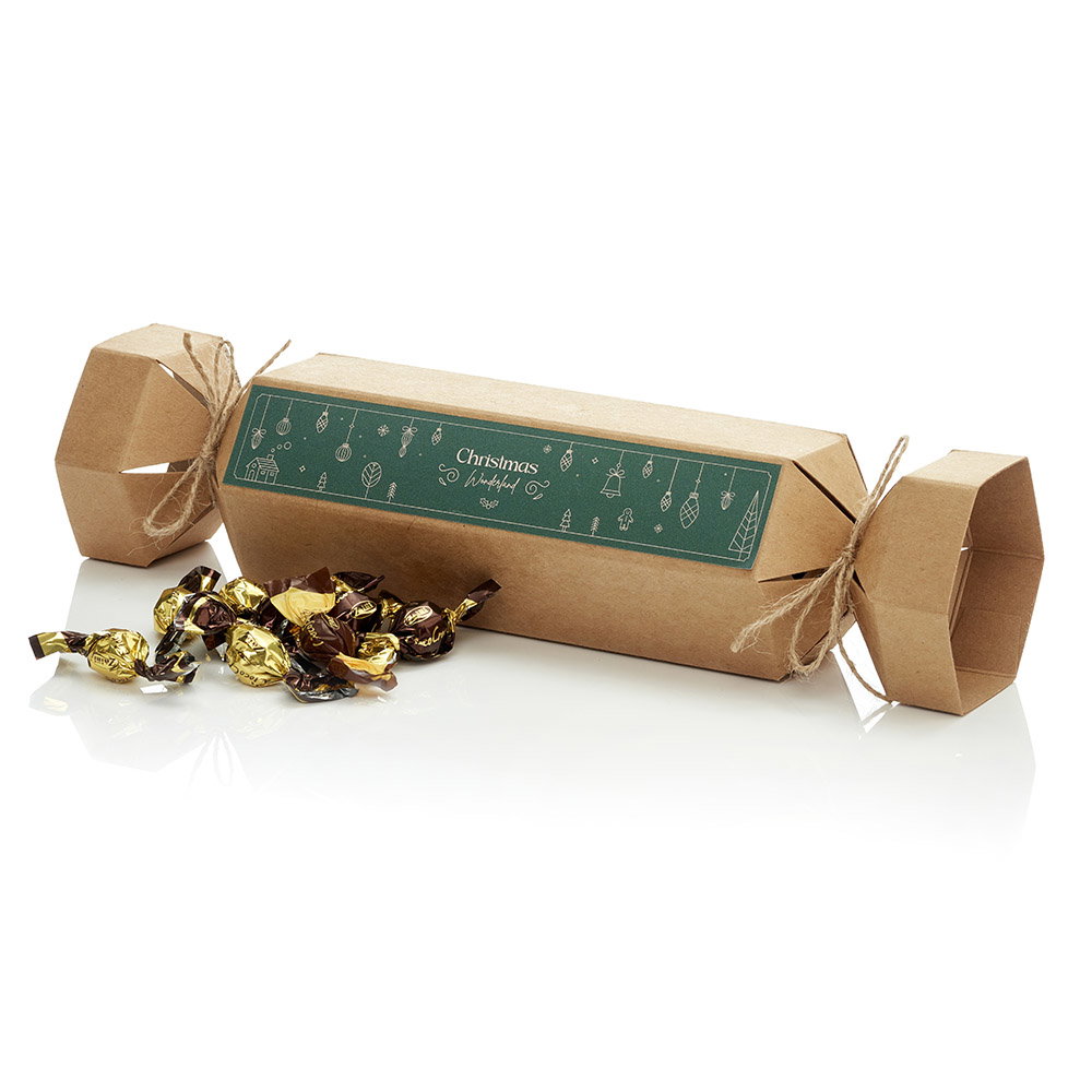Knallertæske lille med chokolade og stort logo label, Længde 25 cm