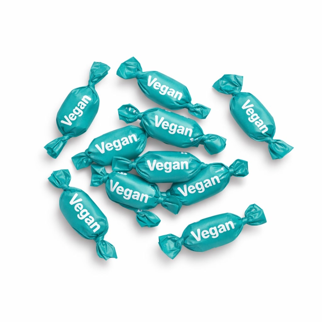 Veganske bolsjer med logo på komposterbart papir (pris pr. kg)