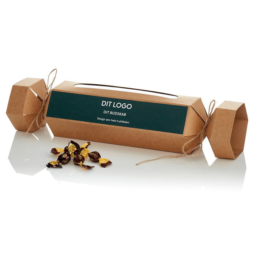 Knallertæske mellem med chokolade og stort logo label, Længde 31 cm