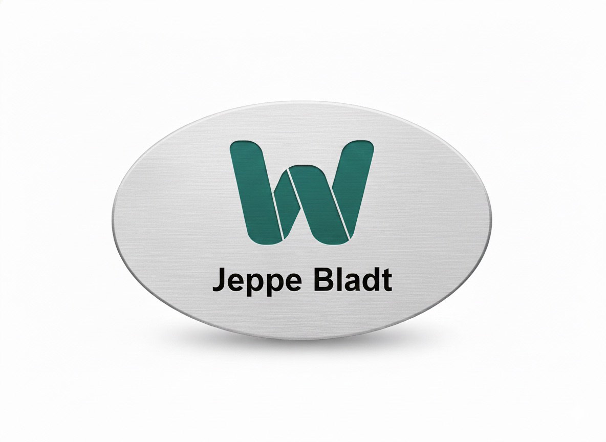Ovalt navneskilte til tøj i aluminium med magnet, 60 x 30 mm