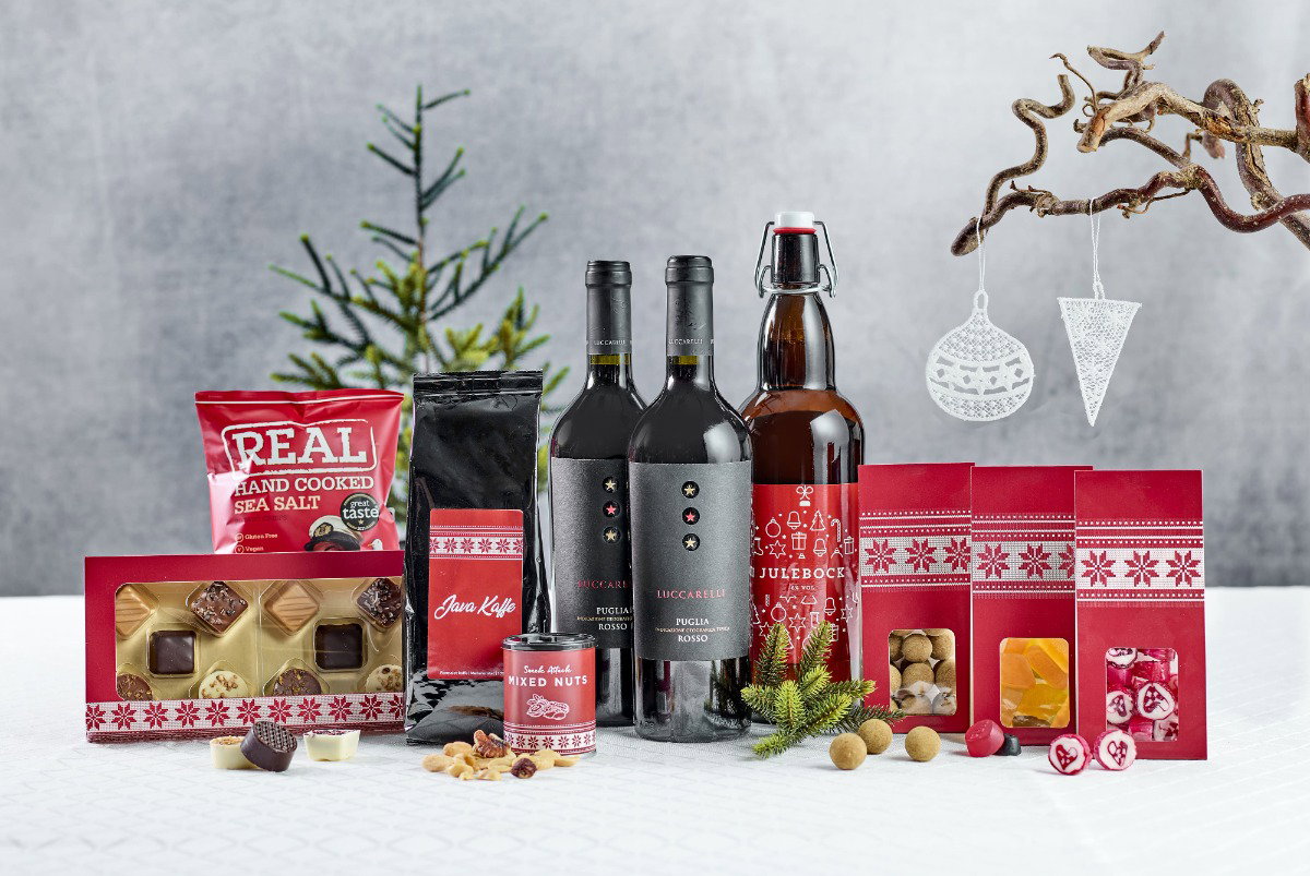 X-Mas - Gavekurv med vin, øl, chips, slik, kaffe og chokolade